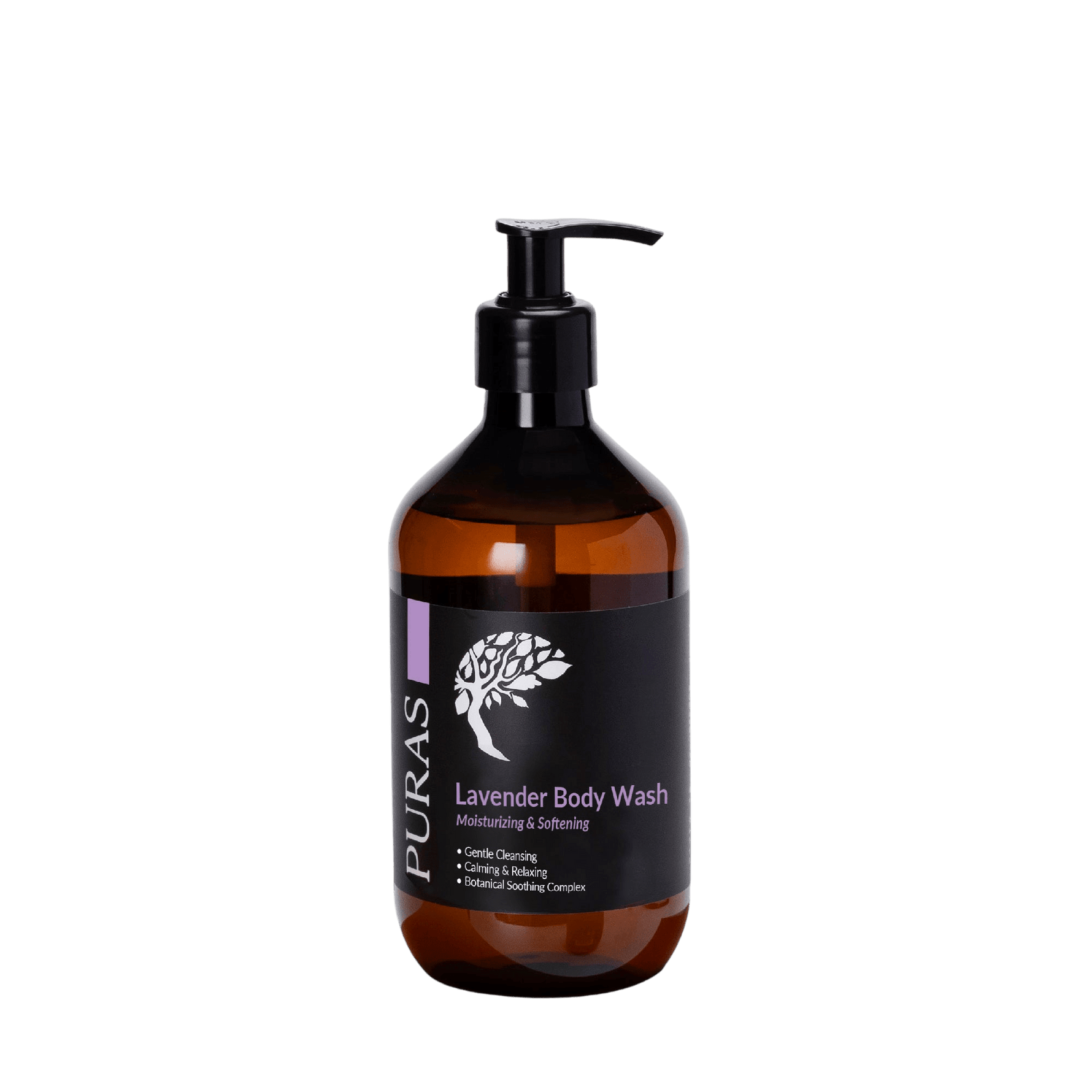 Brown bottle of Puras Lavender Body Wash on a transparent background
