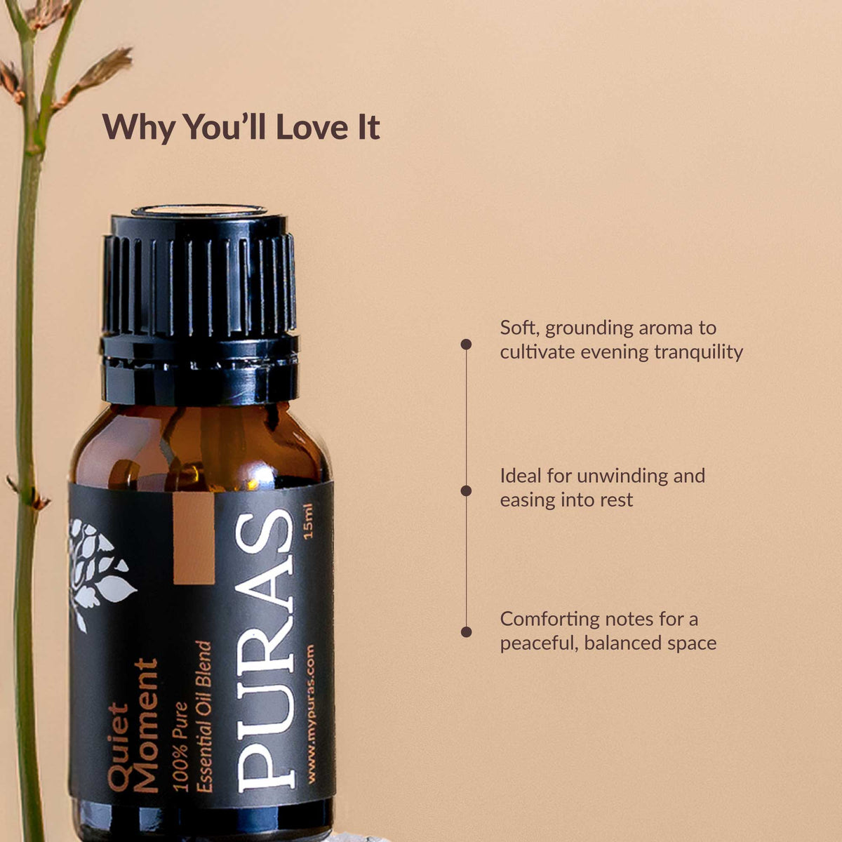 Puras Quiet Moment essential oil bottle with descriptive text on a beige background
