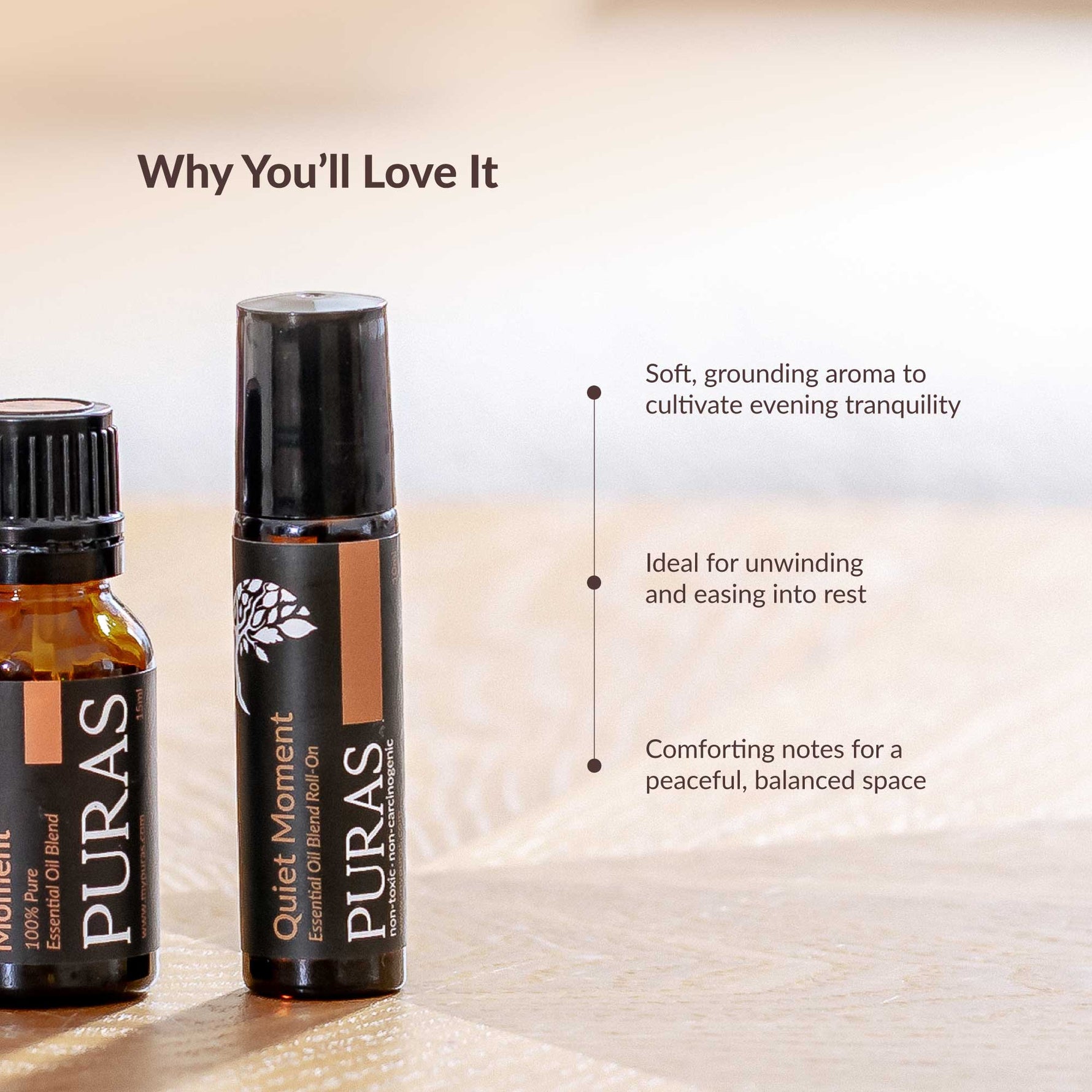 Two bottles of PURAS essential oil products on a wooden surface with text describing their benefits.