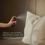 Hand holding a spray bottle misting a pillow with text about enhancing bedtime ritual.