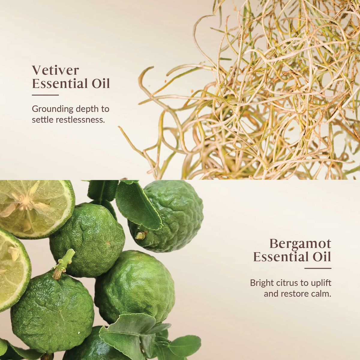 Vetiver and Bergamot essential oils with their respective images and descriptions.