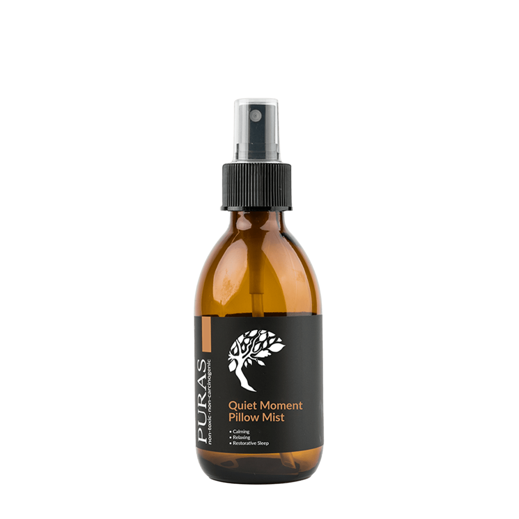 Brown spray bottle with black label on a transparent background