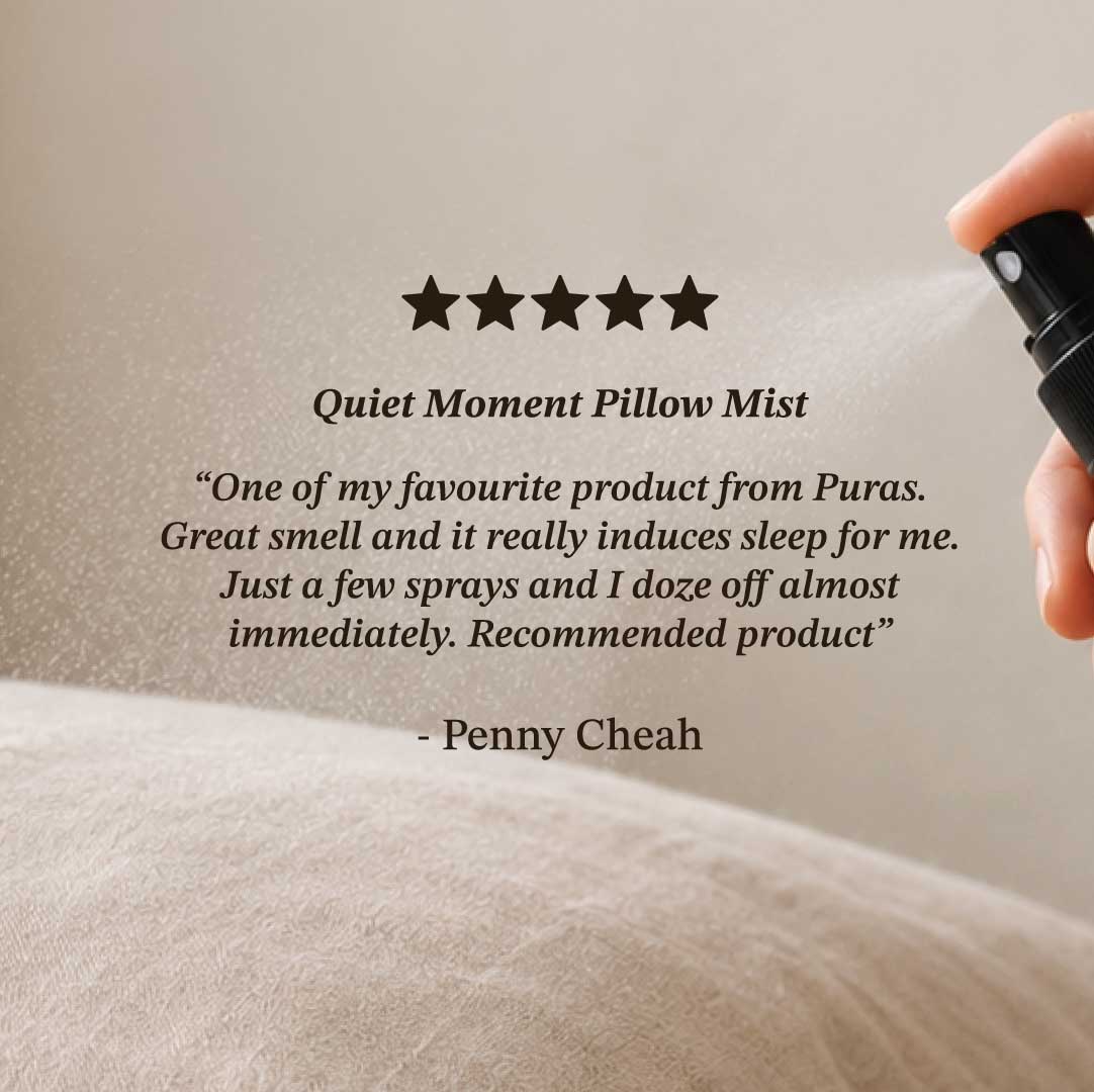 Person using Quiet Moment Pillow Mist with a five-star rating and review text on a pillow.