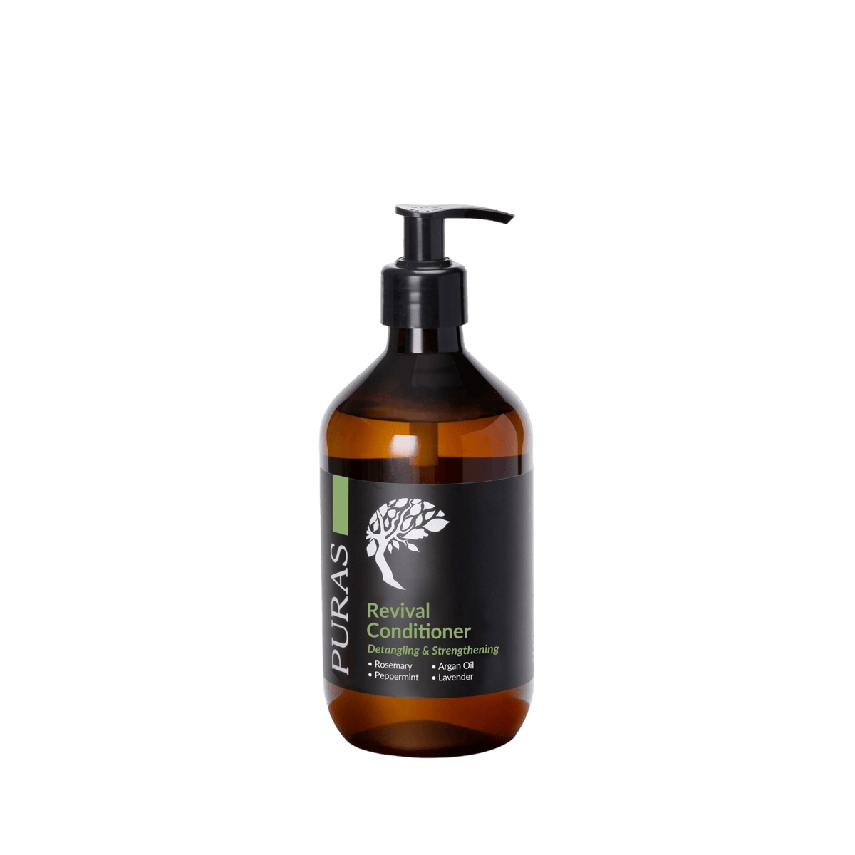 Brown bottle of Puras Revival Conditioner on a transparent background