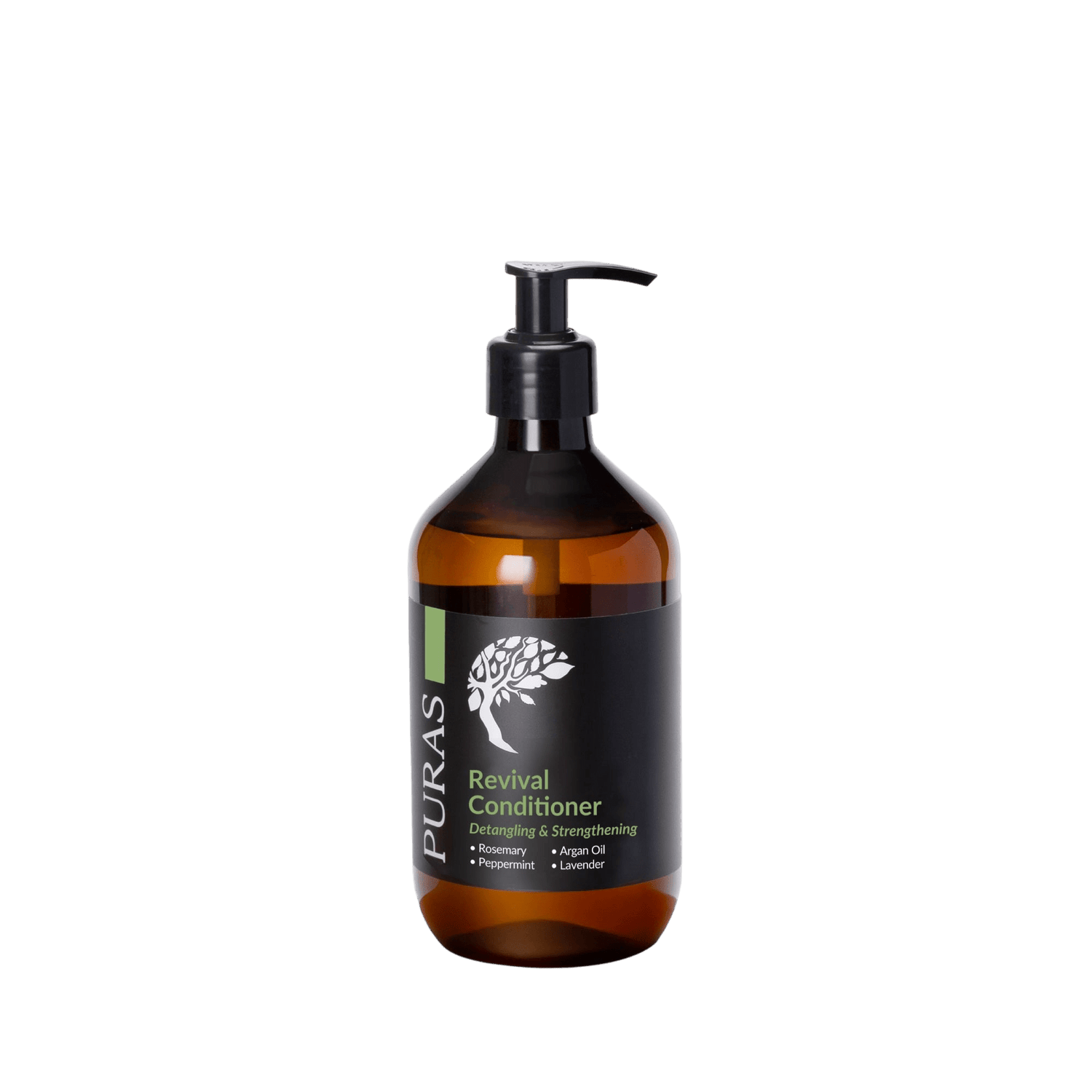 Brown bottle of Puras Revival Conditioner on a transparent background