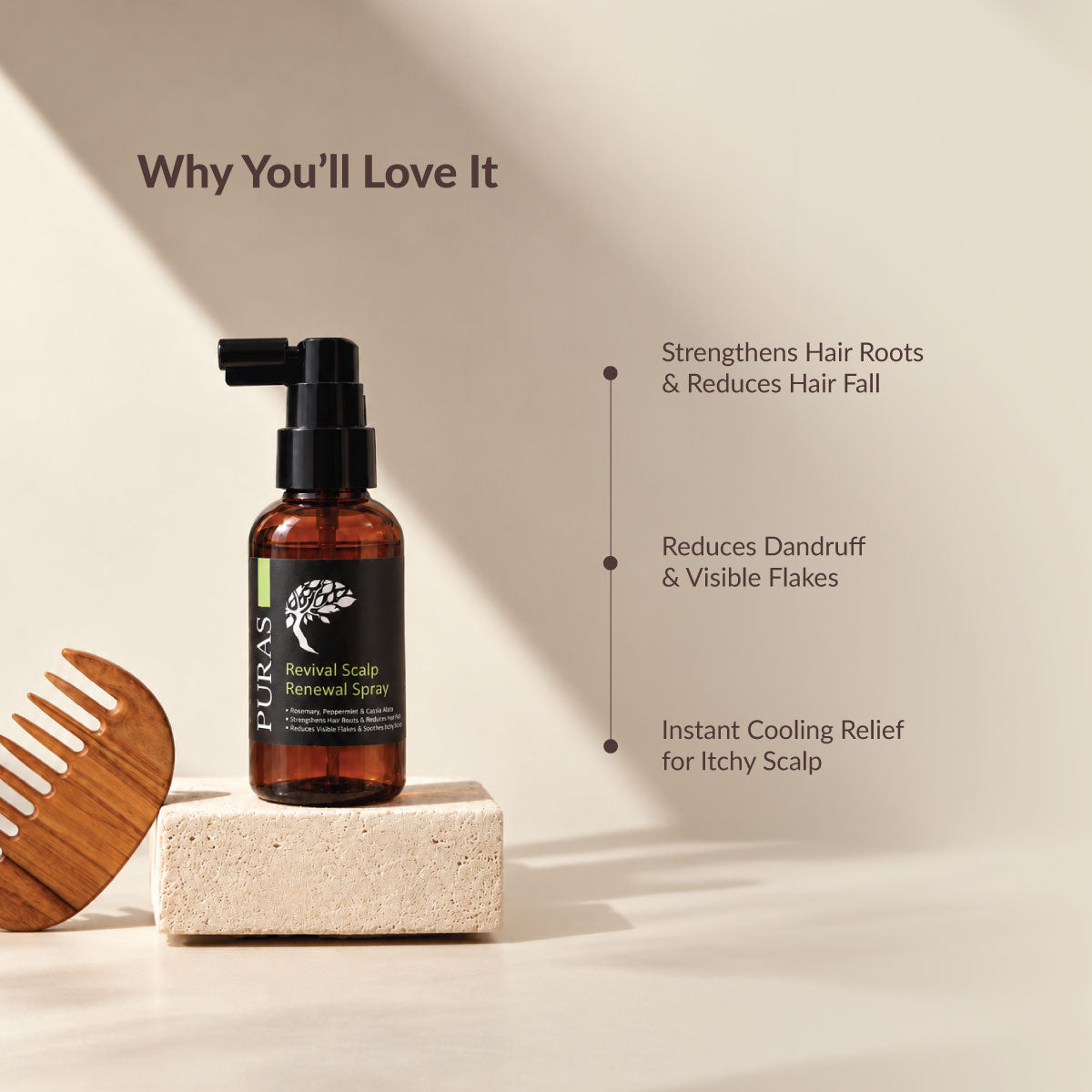 PURAS Revival Scalp Renewal Spray highlighting stronger roots, reduced flakes and cooling scalp relief.