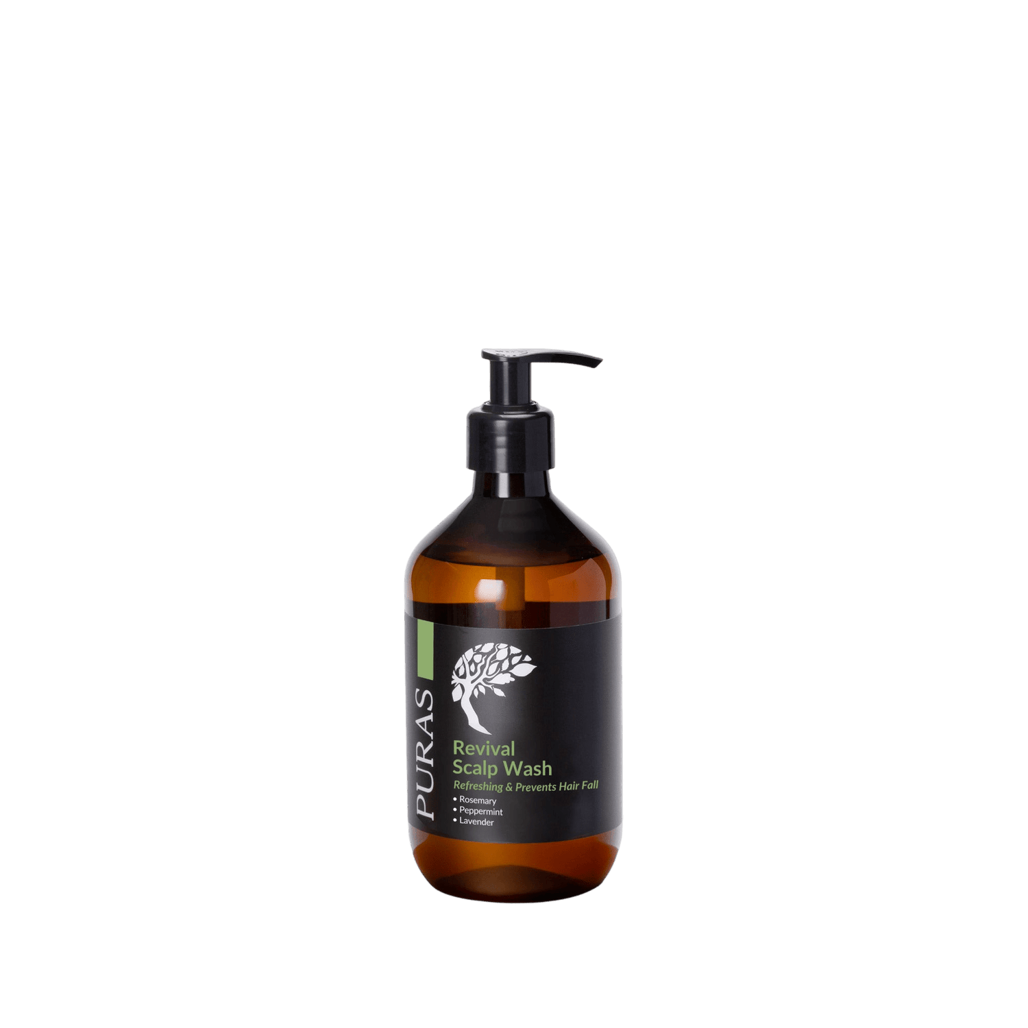 Brown bottle of Puras Revival Scalp Wash on a transparent background