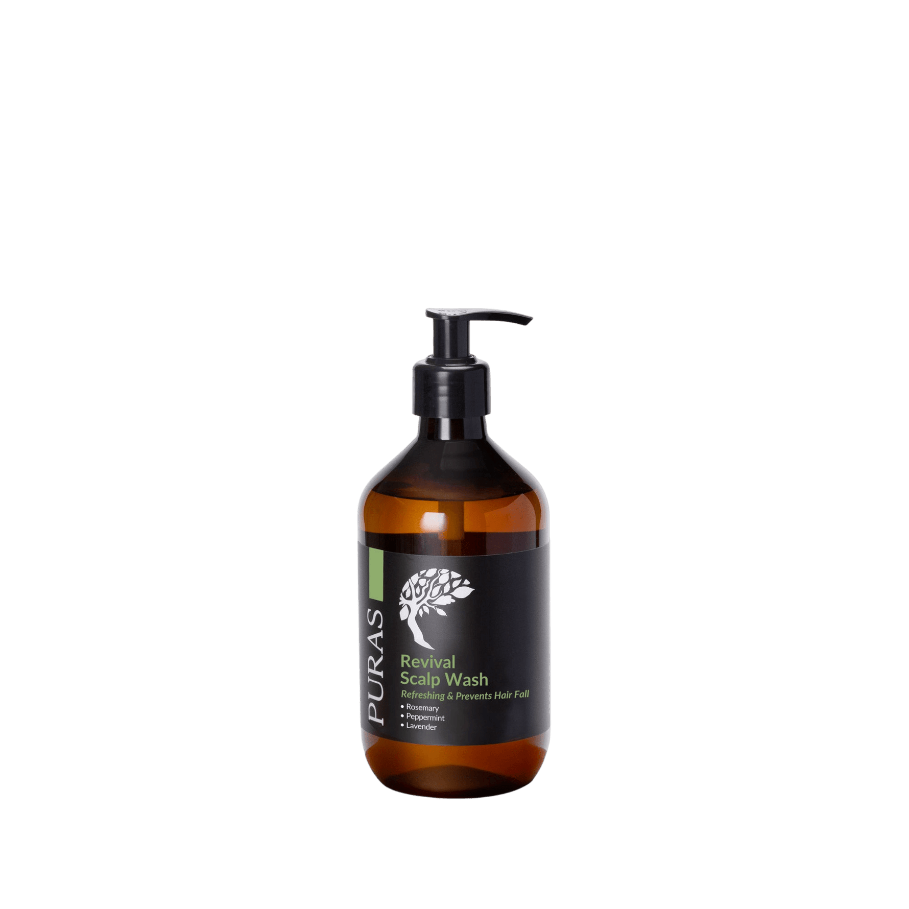 Brown bottle of Puras Revival Scalp Wash on a transparent background