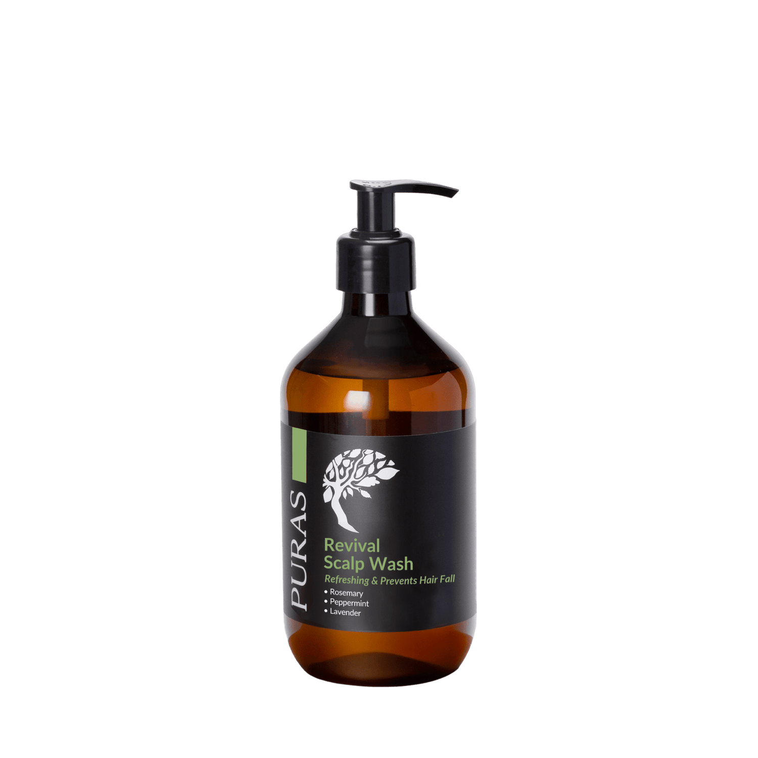 Brown bottle of PURAS Revival Scalp Wash on a transparent background