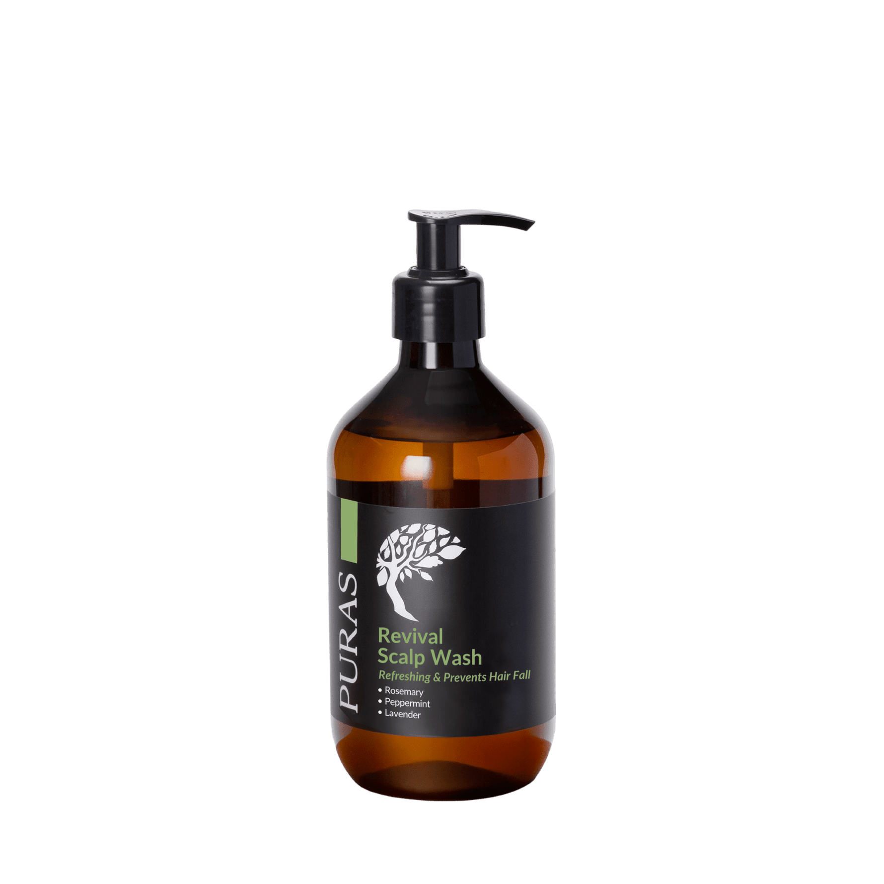 Brown bottle of PURAS Revival Scalp Wash on a transparent background
