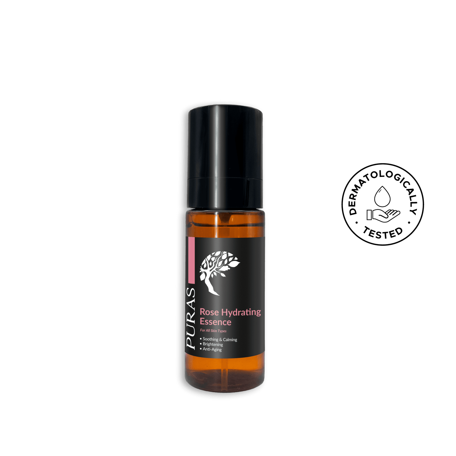 Puras Rose Hydrating Essence bottle with black cap on a transparent background