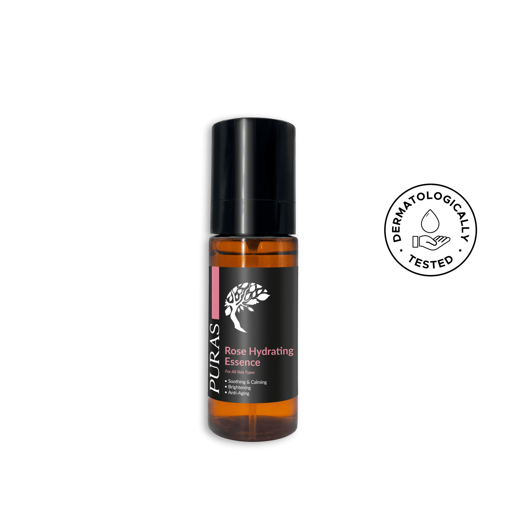Puras Rose Hydrating Essence bottle with black cap on a transparent background