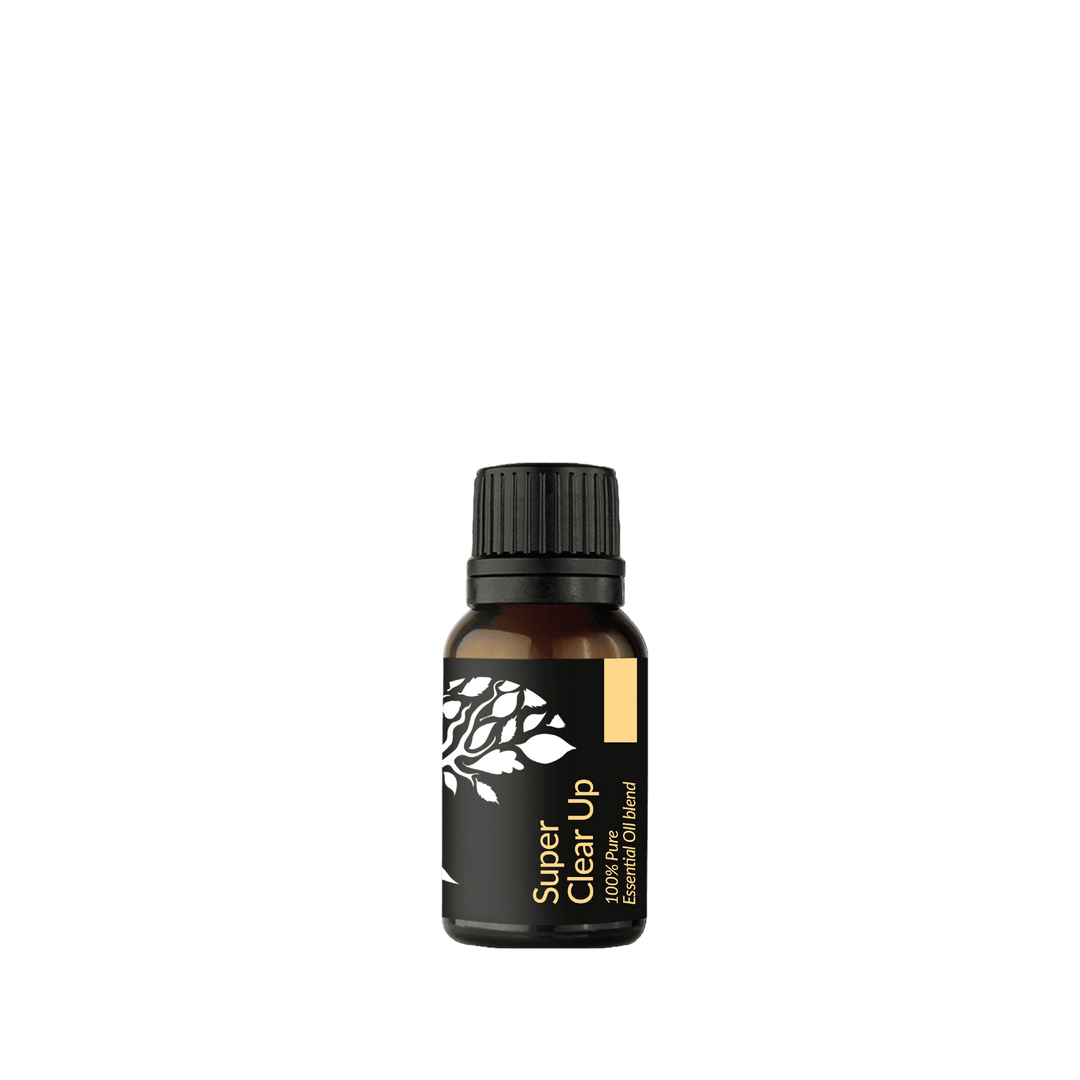 Bottle of 'Super Clear Up' essential oil on a transparent background