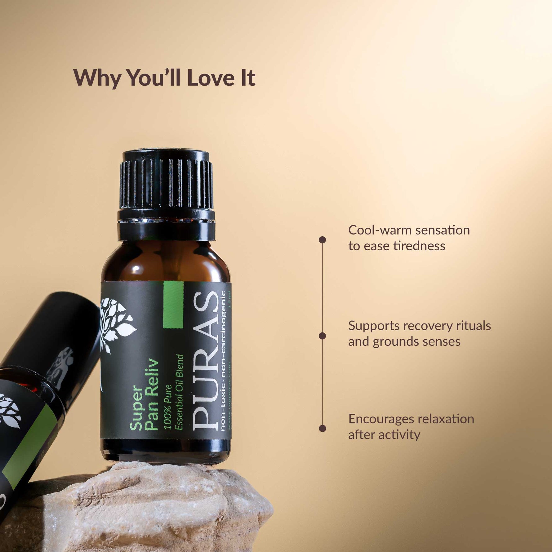 Puras Super Pan Reliv essential oil bottle with benefits listed on a beige background