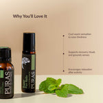 Puras Super Pan Reliv essential oil roll on with mint leaves on beige background with benefits detail