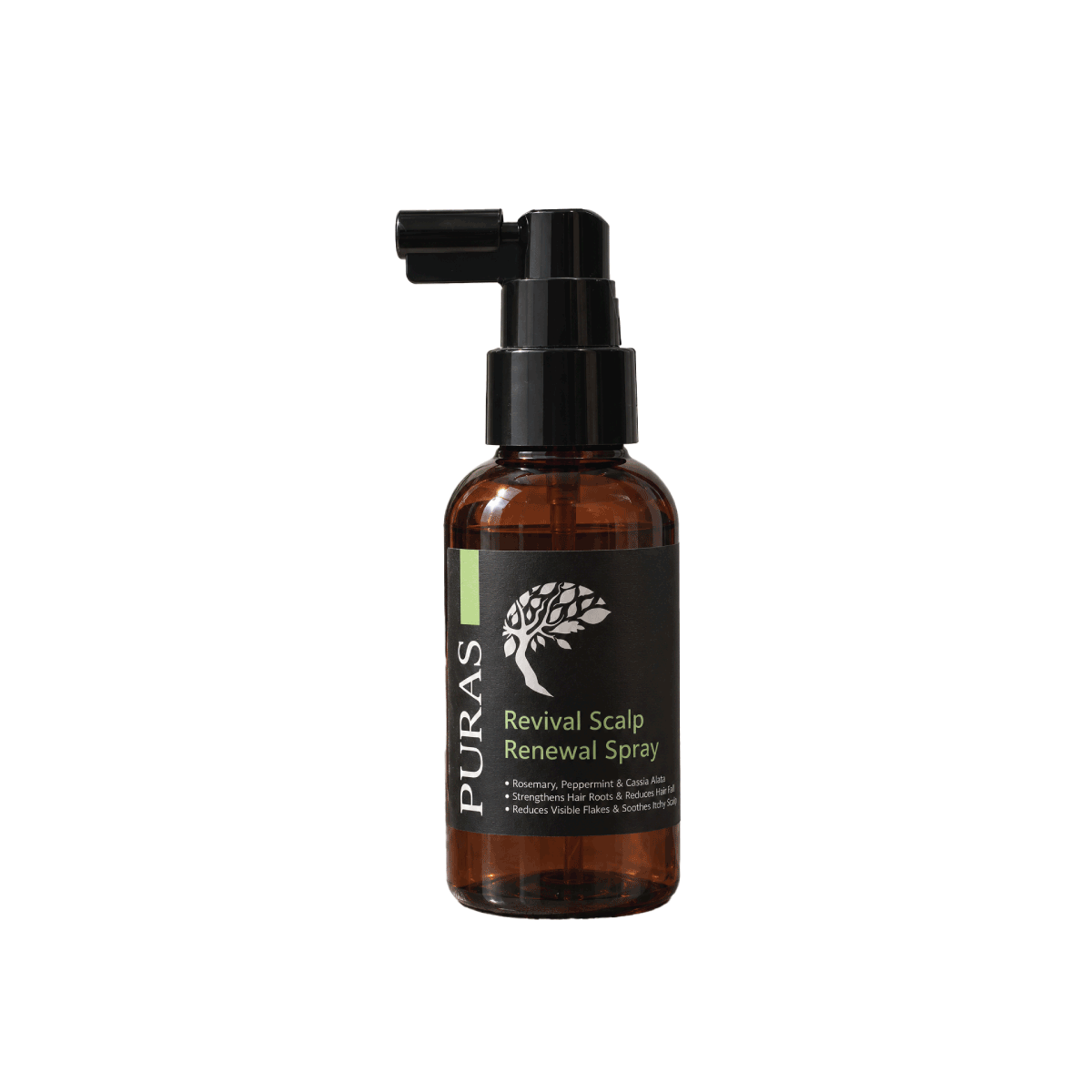 PURAS Revival Scalp Renewal Spray in an amber bottle with a black directional pump.