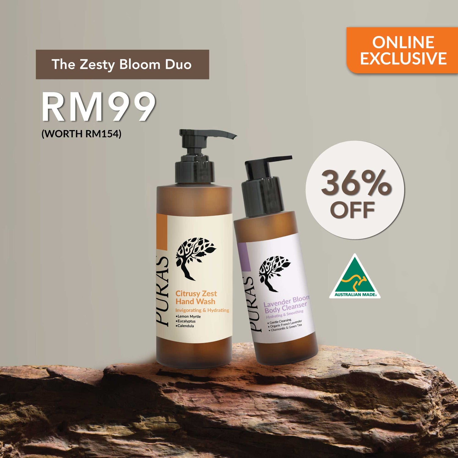Two bottles of Puras hand and body wash on a wooden surface with promotional text and branding.